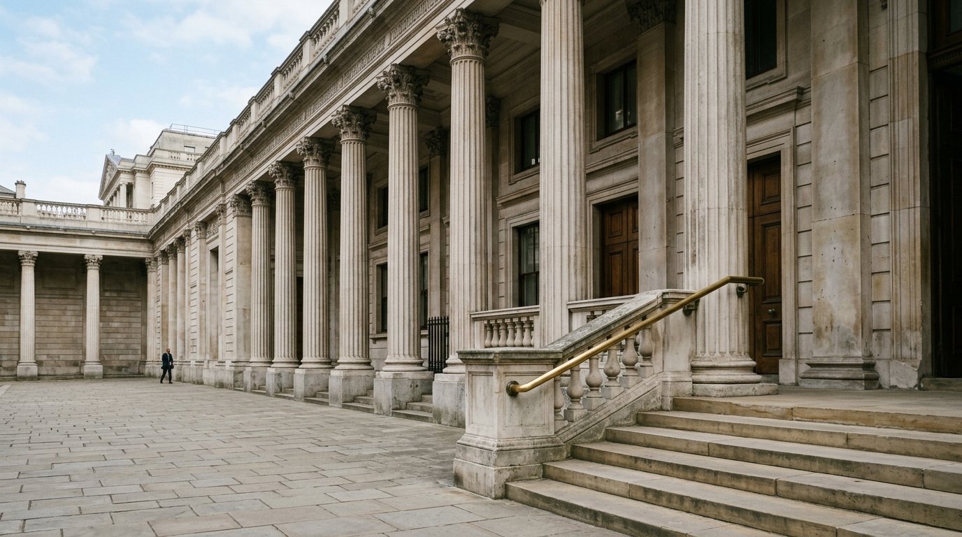 AI-generated editorial image: Restrained limestone exterior colonnade of a government financial institution building in morning daylight