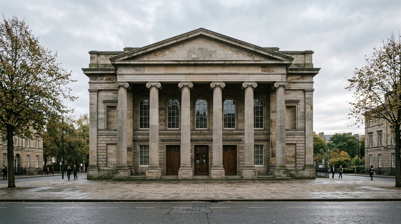 AI-generated editorial image: Neoclassical stone facade of an institutional Treasury building under soft overcast light