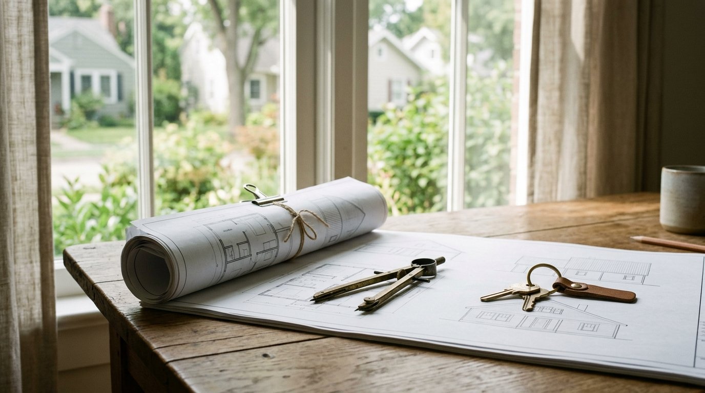 AI-generated editorial image: An architect desk with blueprints, a compass, and house keys in natural morning daylight