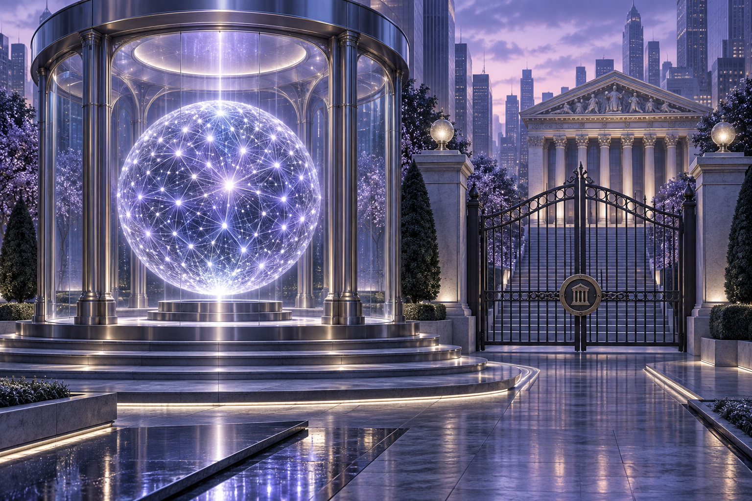Editorial illustration: an artificial intelligence network behind a closed gateway to public markets.