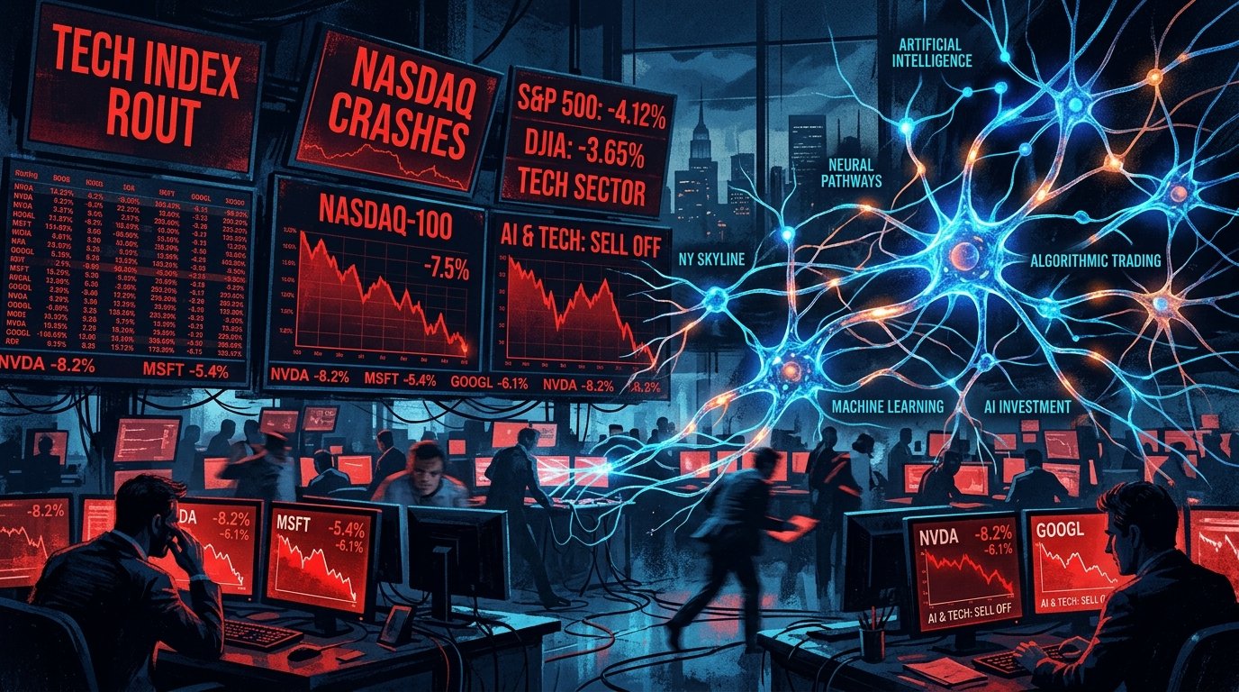 Editorial illustration: Wall Street trading screens showing declining technology stock indices and glowing AI neural network pathways