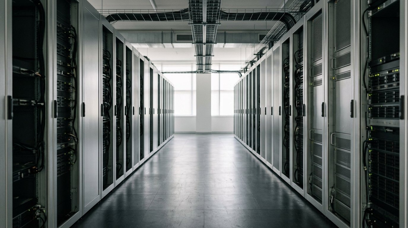 AI-generated editorial image: Server racks with natural practical lighting in a modern cloud computing data center