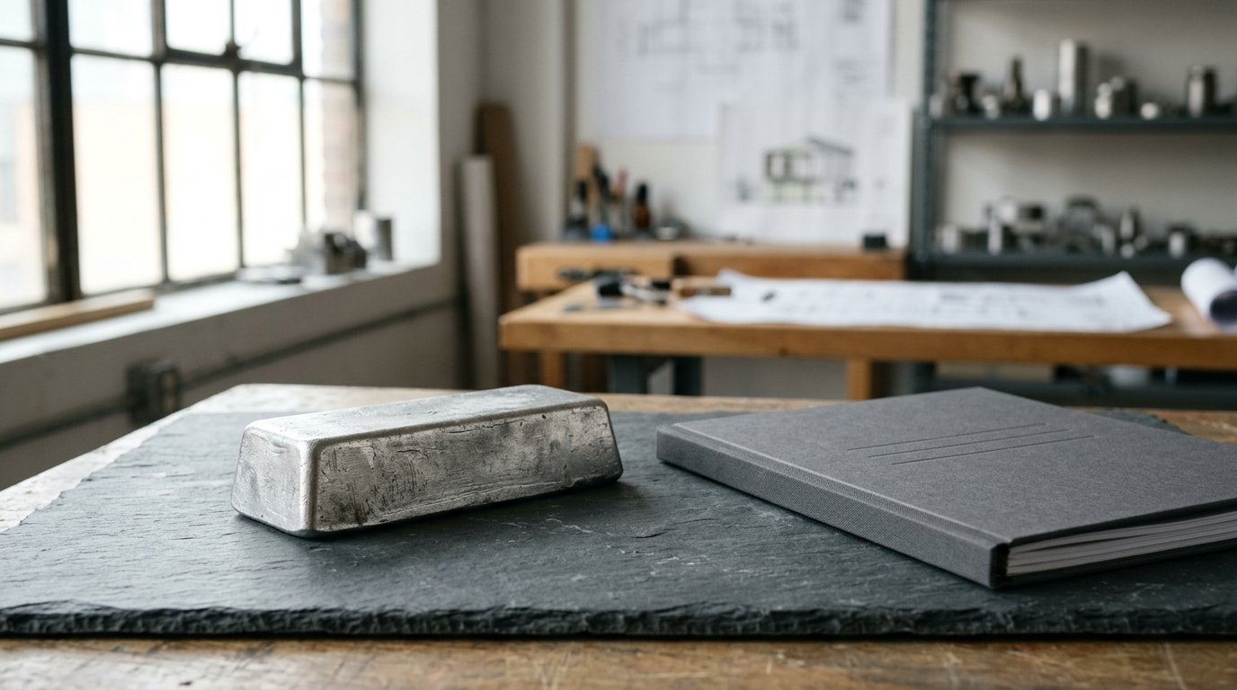 AI-generated editorial image: An aluminum ingot warehouse and institutional desk symbolizing industrial capital structure
