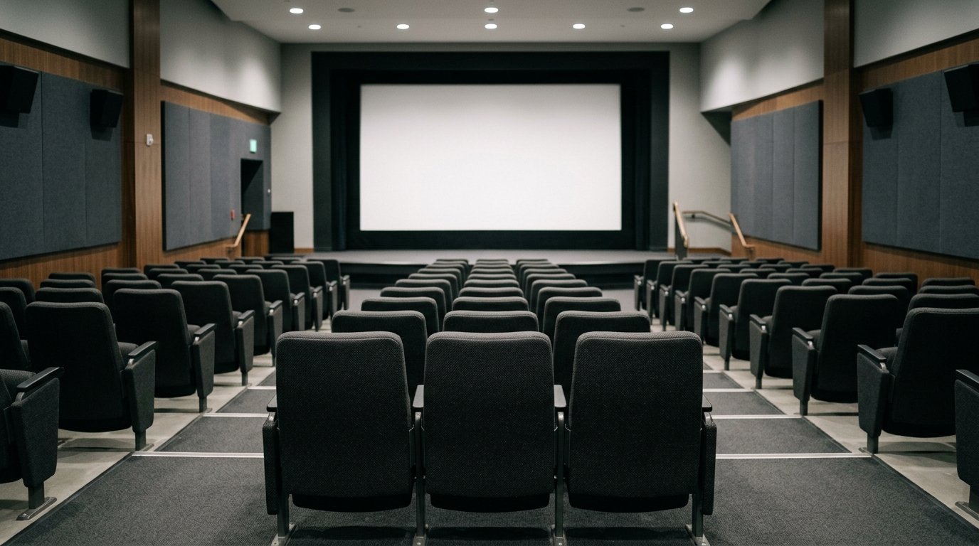 AI-generated editorial image: Interior view of a quiet cinema auditorium with upholstered theater seating facing a blank screen in soft house lighting.