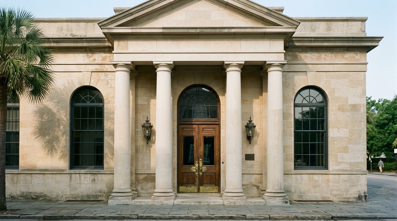 AI-generated editorial image: An elegant classical limestone bank building facade with architectural columns and brass entrance fixtures in morning light.