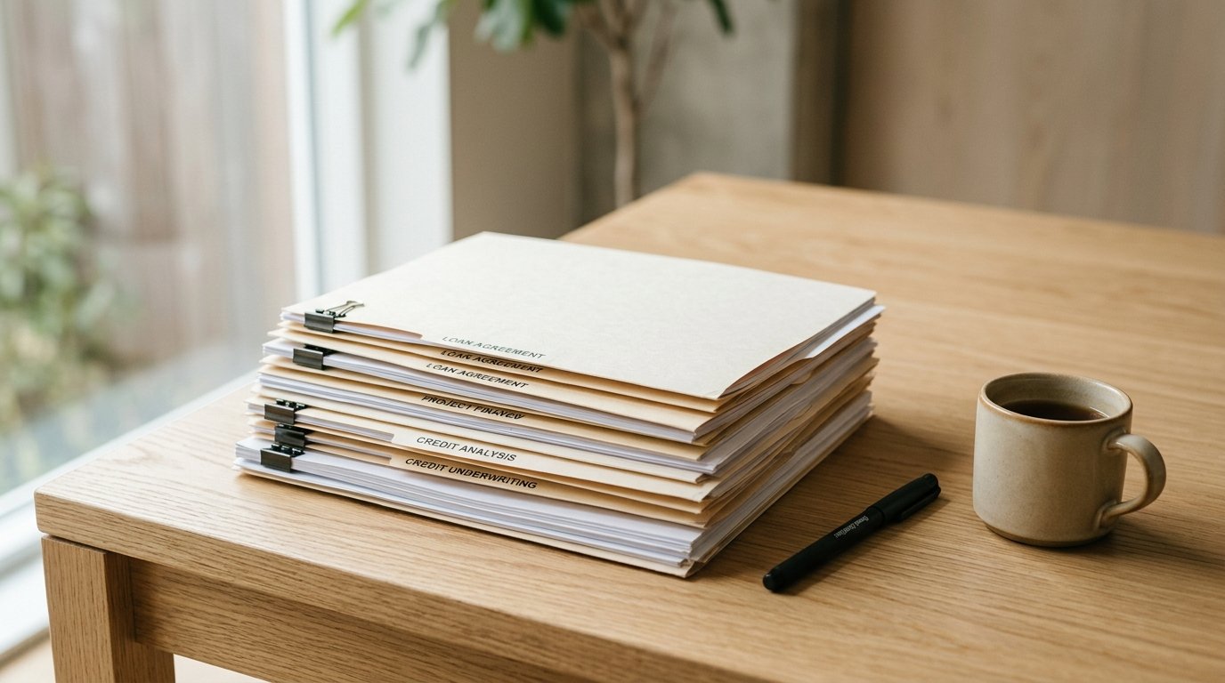 AI-generated editorial image: Institutional loan agreements and credit underwriting documents on a wooden office desk in natural daylight.