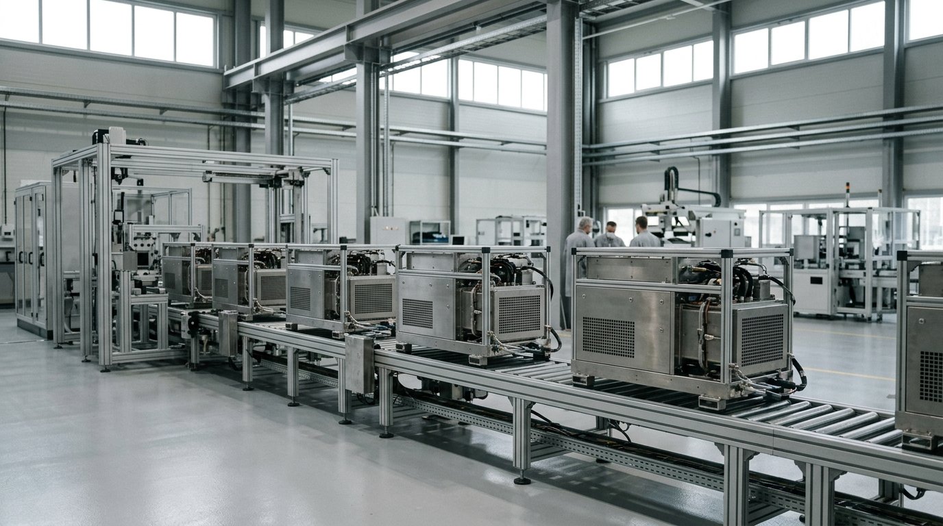 AI-generated editorial image: A cleanroom manufacturing assembly line with precision solid-oxide energy equipment in an advanced industrial facility under natural diffuse lighting.