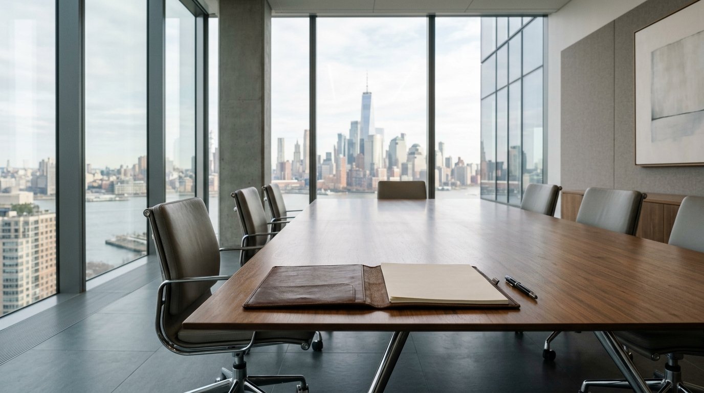 AI-generated editorial image: An executive boardroom table with document folios overlooking the financial district skyline.