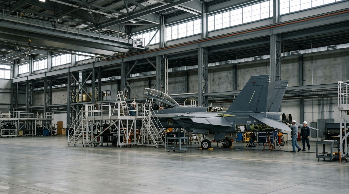 AI-generated editorial image: An aerospace engineering facility hangar with carrier aircraft tooling under soft natural lighting