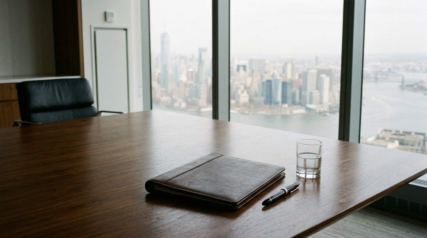 AI-generated editorial image: A quiet corporate boardroom table overlooking an urban financial district representing Wall Street investment banking advisory activity.