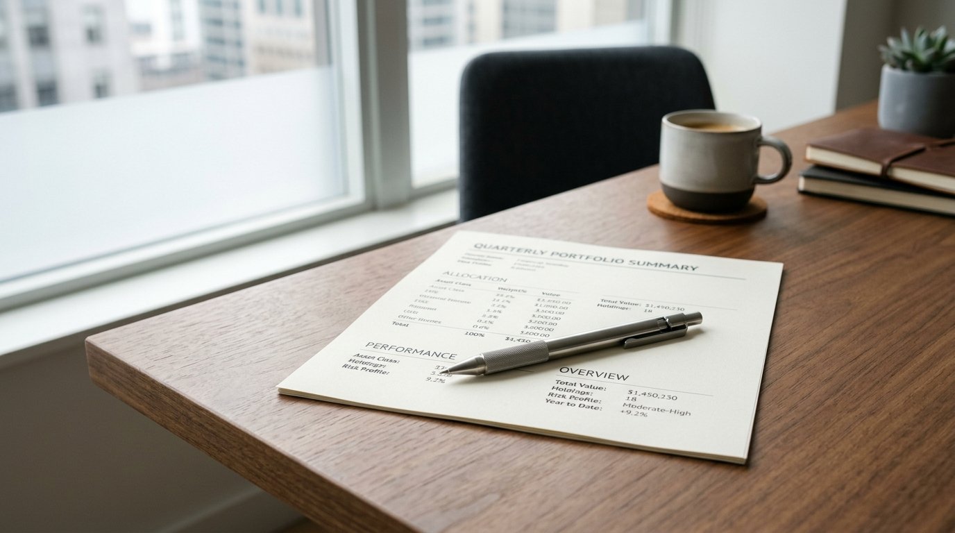 AI-generated editorial image: An organized investor desk with a metallic pen and financial portfolio document in soft daylight.