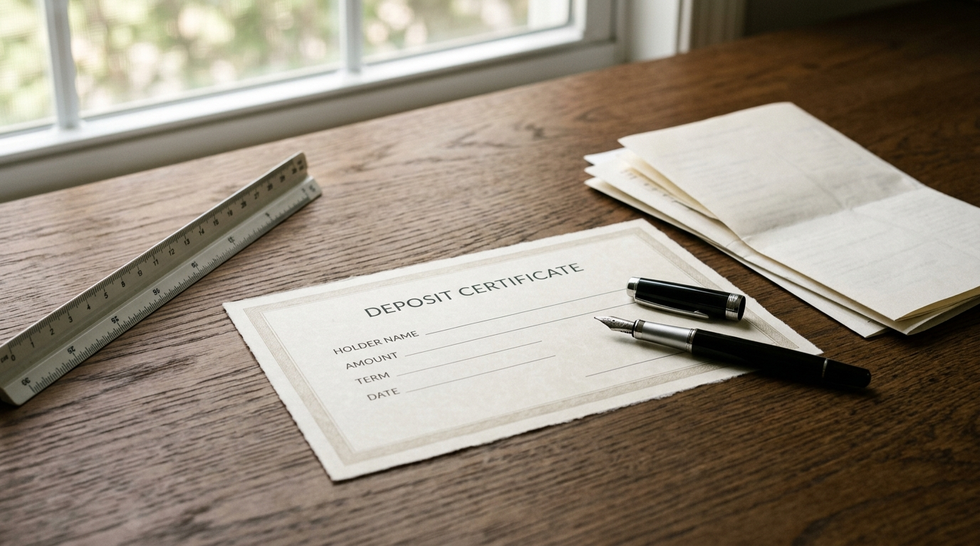 AI-generated editorial image: An unbranded modern banking deposit certificate and an open fountain pen on a dark oak desk beside folded financial documents.