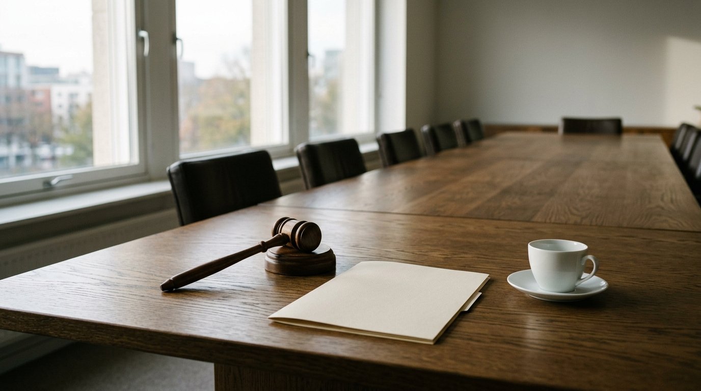 AI-generated editorial image: Turned wood gavel, document folder, and coffee cup on a boardroom table in natural daylight
