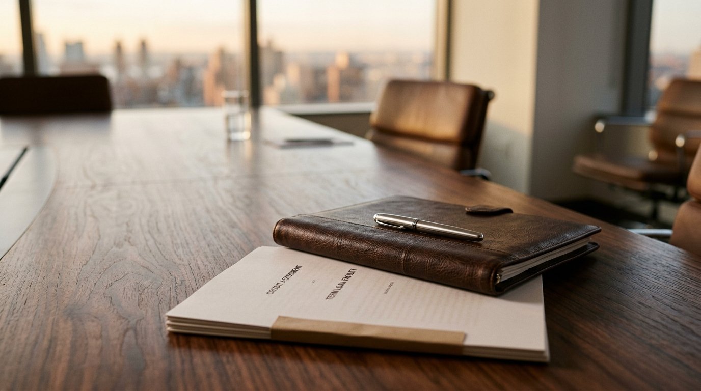 AI-generated editorial image: An investment banking conference table with documents and a fountain pen in natural late-afternoon window light