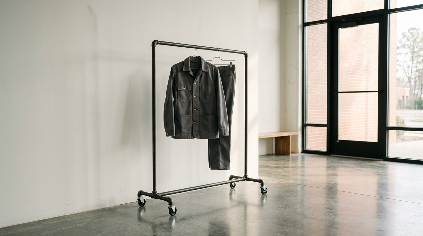 AI-generated editorial image: Work uniform on an industrial garment rack inside a clean commercial facility entryway