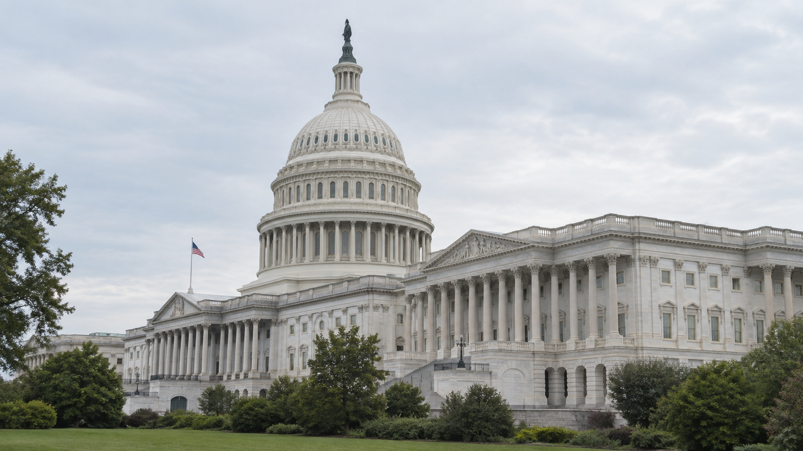 AI-generated editorial image: U.S. Capitol exterior under soft overcast daylight.