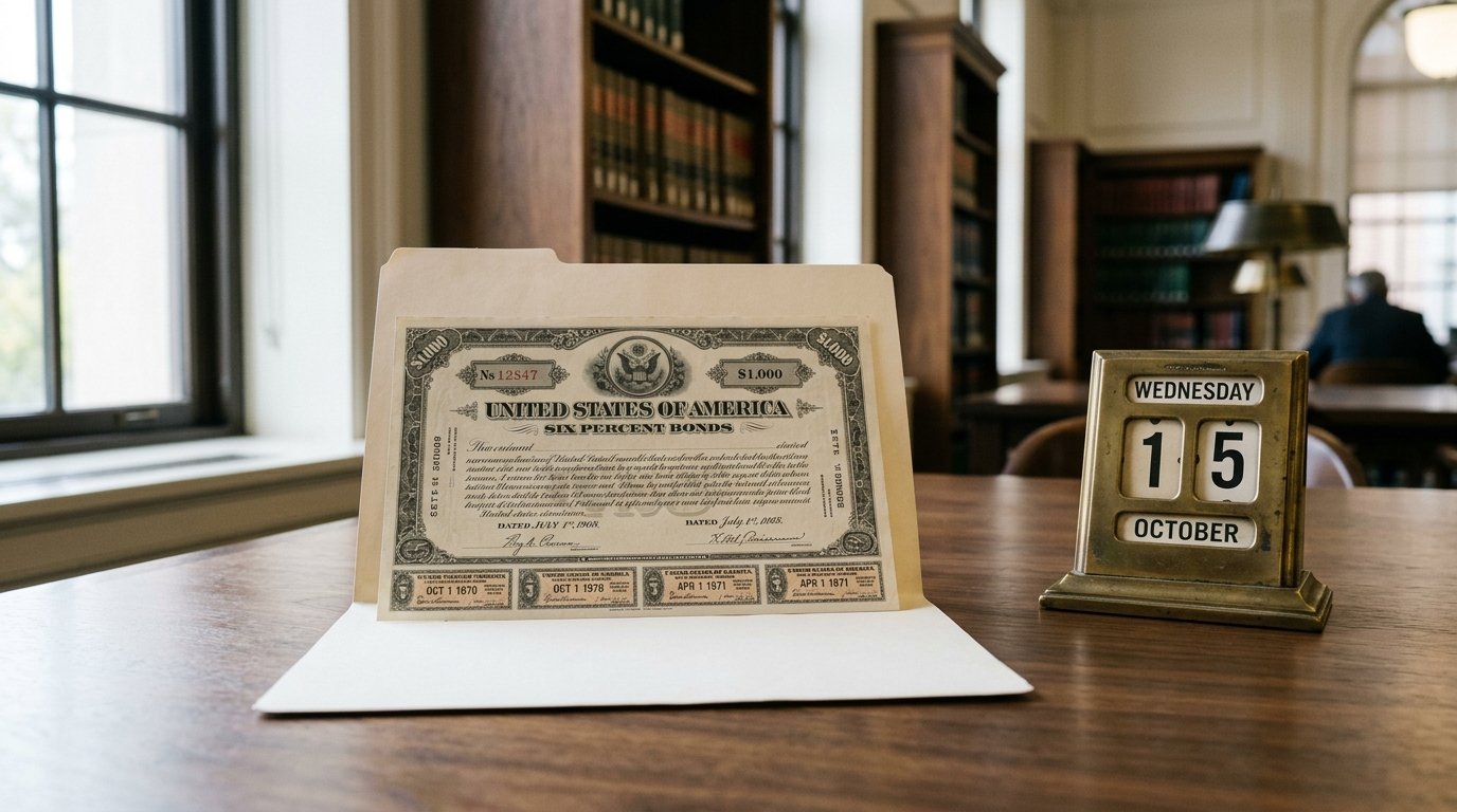 AI-generated editorial image: A financial desk with bond certificates and an analog calculator in natural morning light