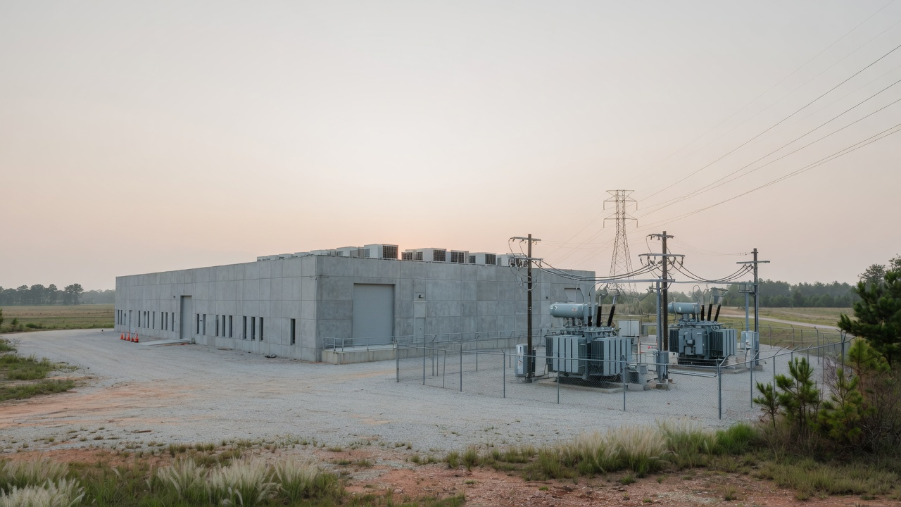 AI-generated editorial image: An industrial electrical substation and modern data center computing facility under clear morning light.