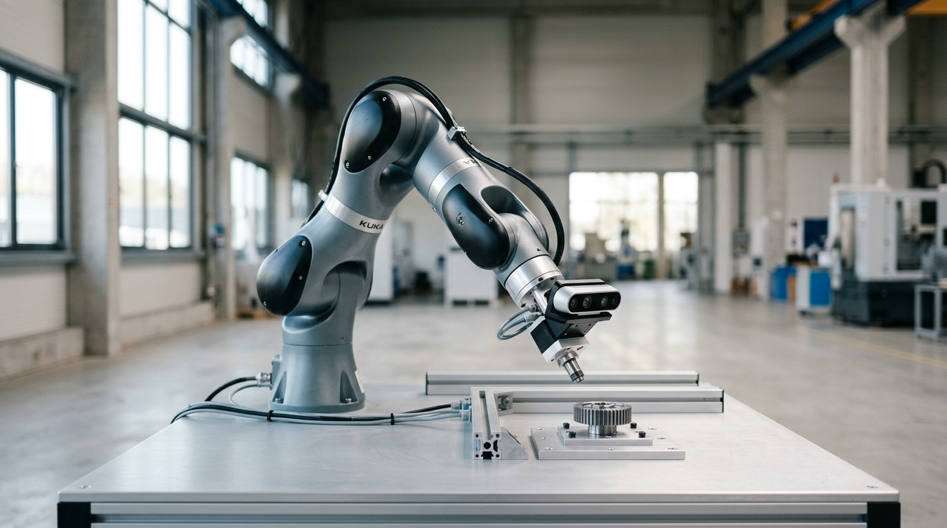 AI-generated editorial image: An industrial robotic arm with a depth-sensing vision camera inspecting components in an automated factory setting.