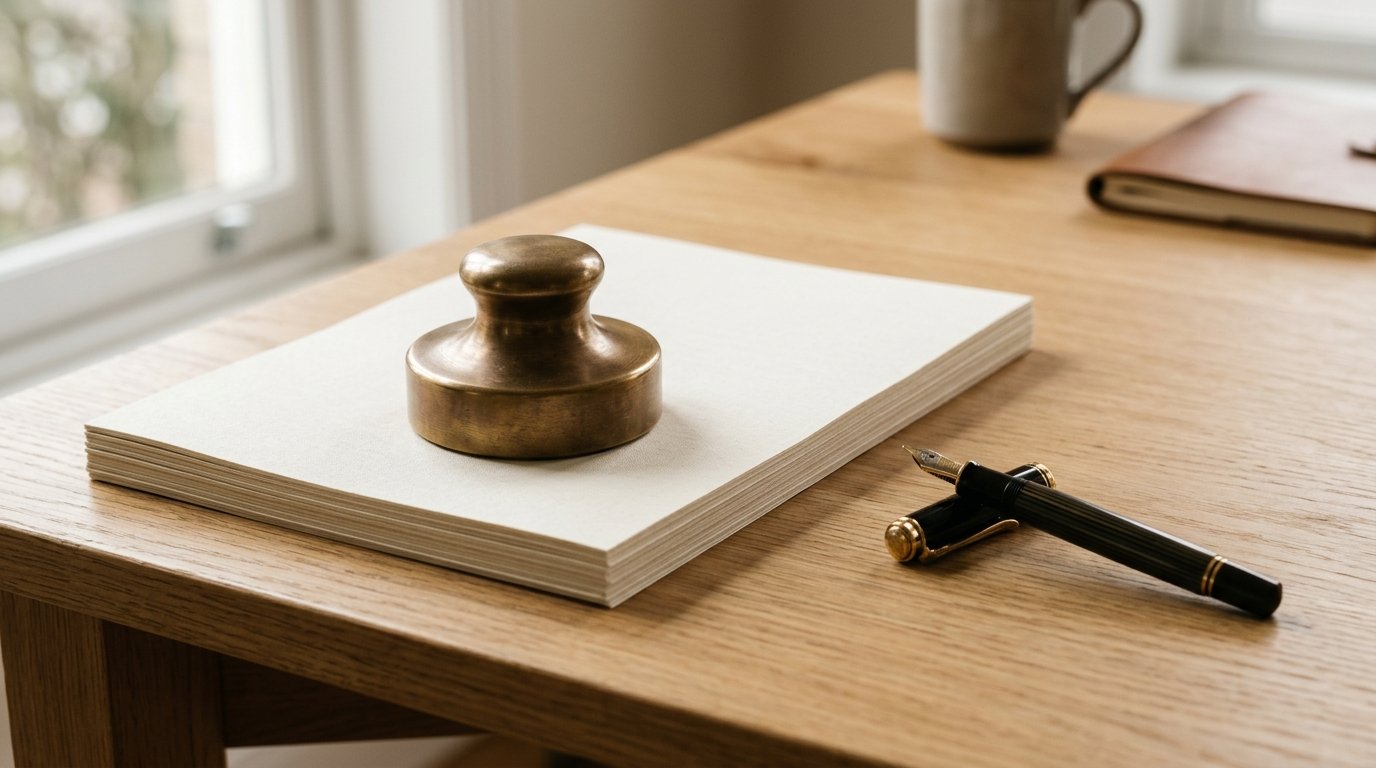 AI-generated editorial image: A corporate treasury desk with a brass paperweight on cream linen bond paper beside a fountain pen.