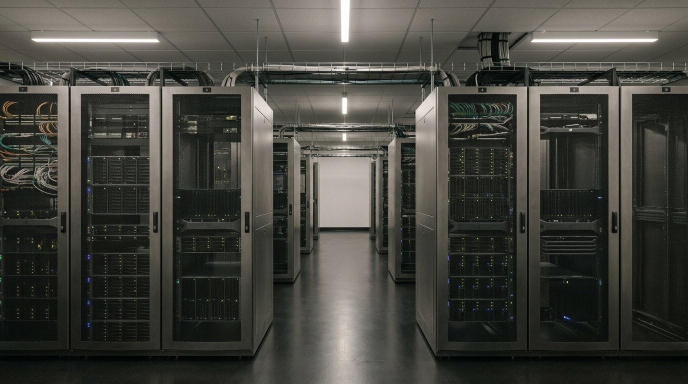 AI-generated editorial image: Enterprise AI data center server aisle with practical natural-looking overhead LED lighting and brushed metal server racks