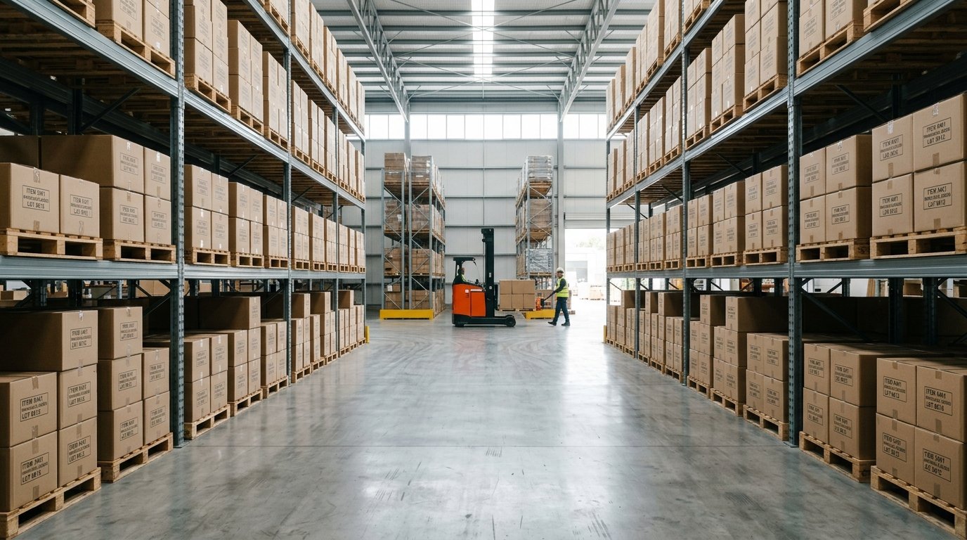 AI-generated editorial image: An industrial retail warehouse aisle with steel shelving and boxed pallet inventory in soft daylight