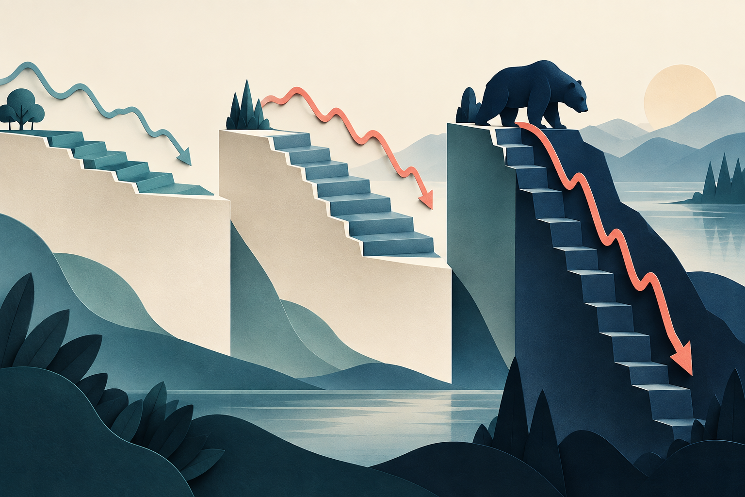 Editorial illustration: descending staircases and a bear representing different market downturns.