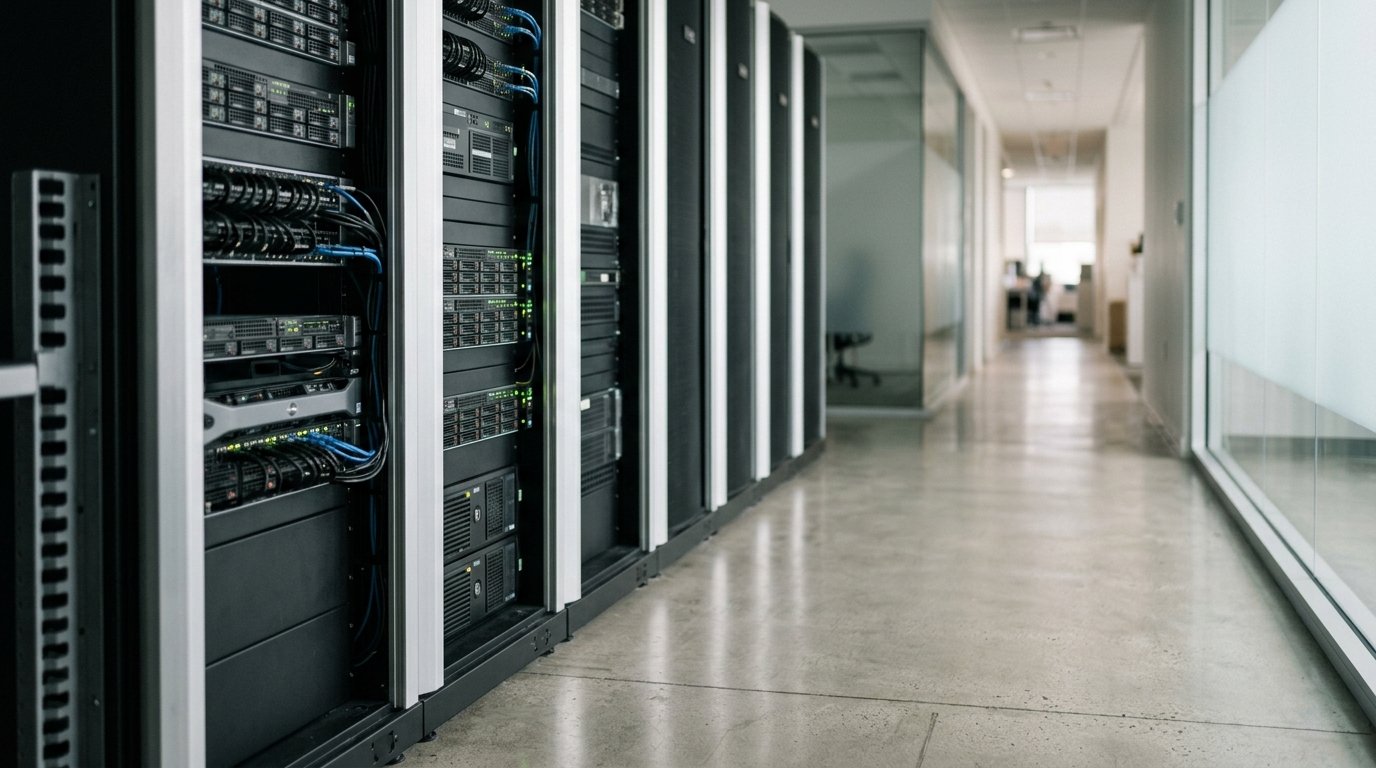 AI-generated editorial image: Modern enterprise server racks and IT infrastructure in soft daylight