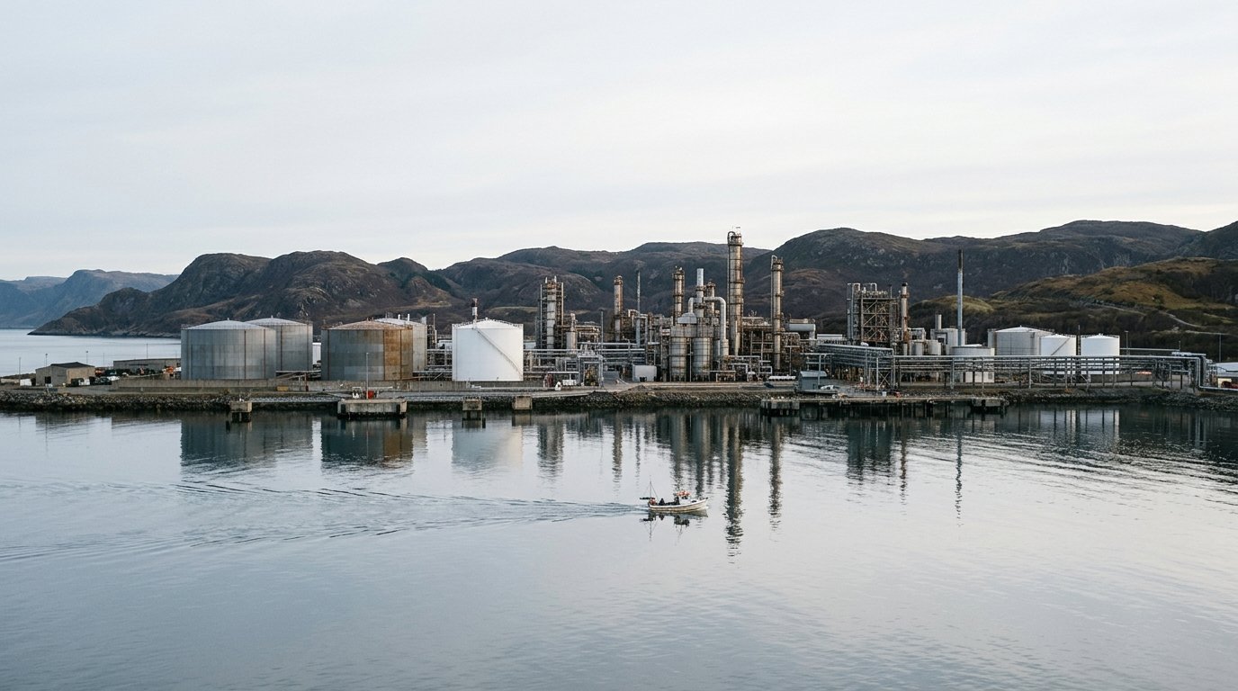 AI-generated editorial image: Modern industrial coastal energy refinery complex viewed across calm ocean water under soft morning light.