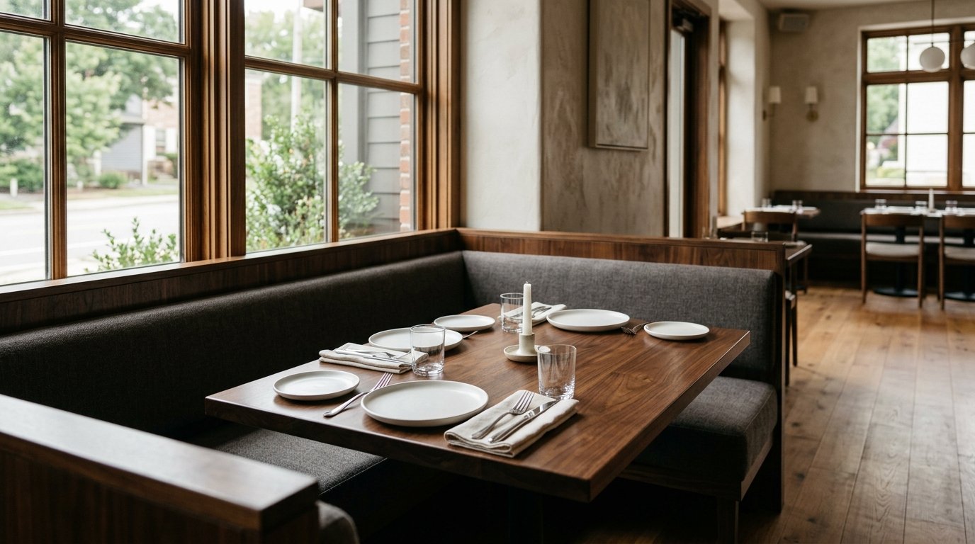 AI-generated editorial image: An empty restaurant dining table and booth with clean table settings in natural window light