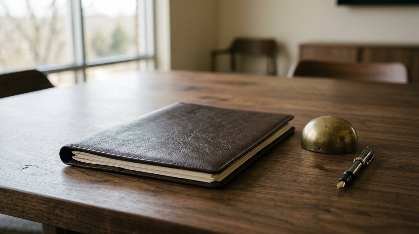 AI-generated editorial image: An unbranded leather-bound corporate loan document resting on a quiet conference table with a brass paperweight and fountain pen