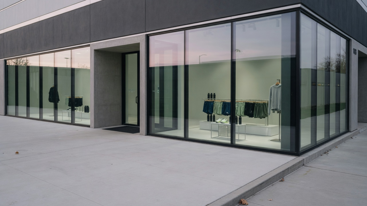 AI-generated editorial image: Modern retail storefront exterior in quiet morning daylight
