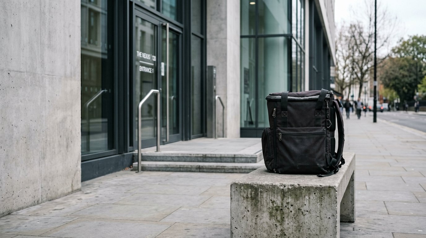 AI-generated editorial image: A restrained courier delivery bag resting on an urban bench outside a metropolitan building