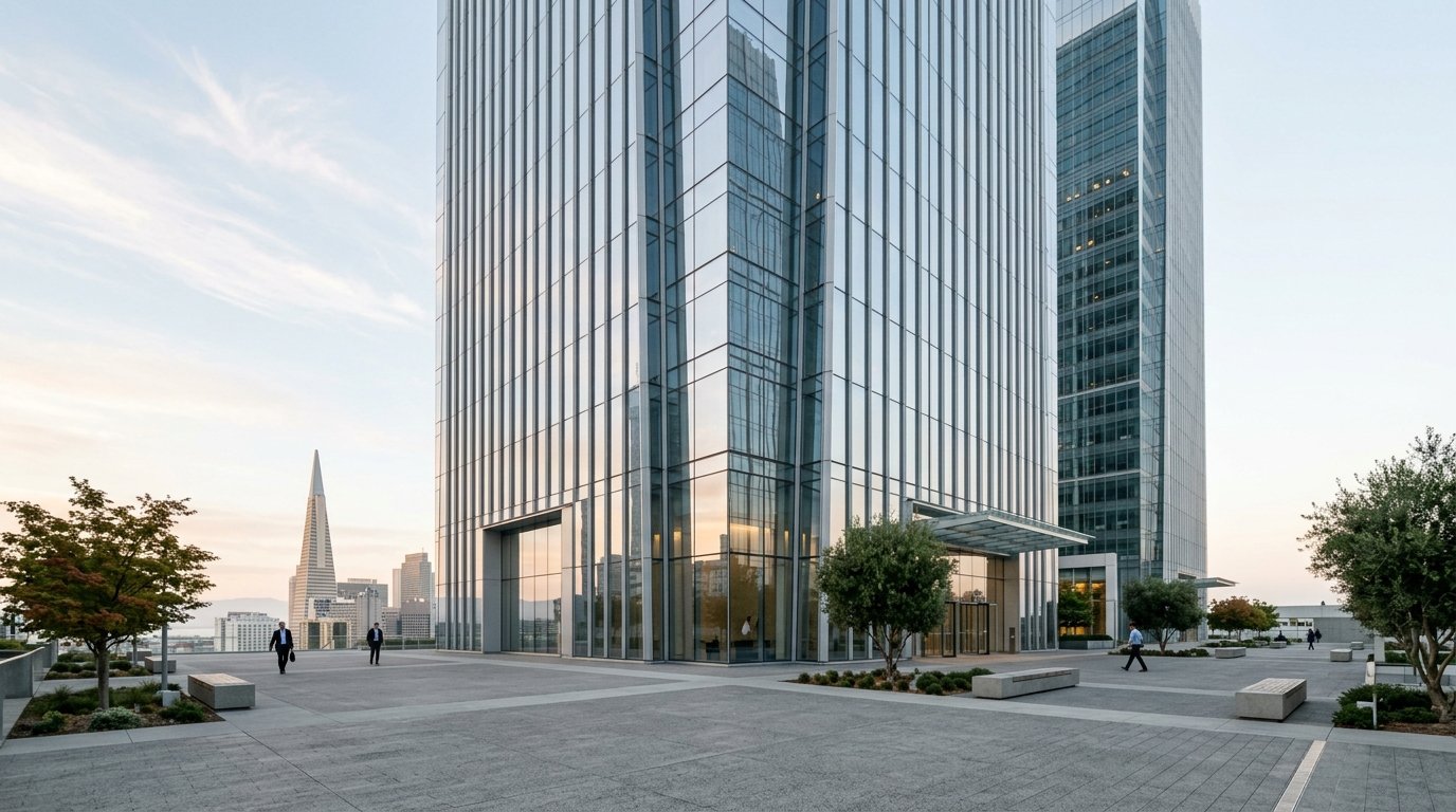 AI-generated editorial image: Modern glass corporate office architecture in soft daylight