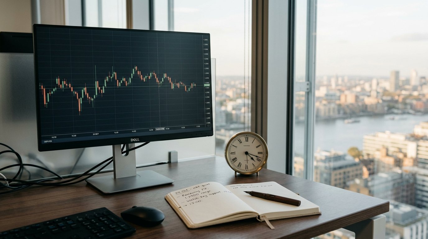AI-generated editorial image: A minimalist financial trading desk corner with a candlestick chart on a monitor and an analog clock by a window