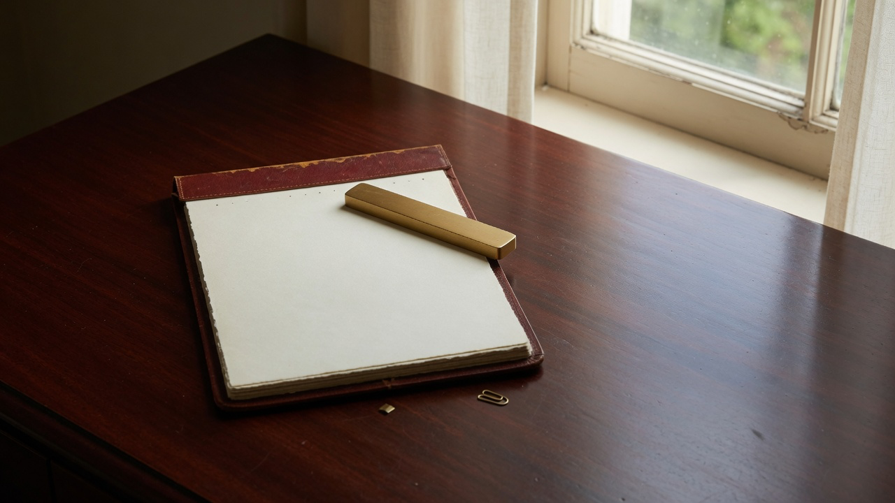 AI-generated editorial image: A minimalist calendar desk pad with a discreet brass date marker on a calm mahogany office desk in soft morning light.