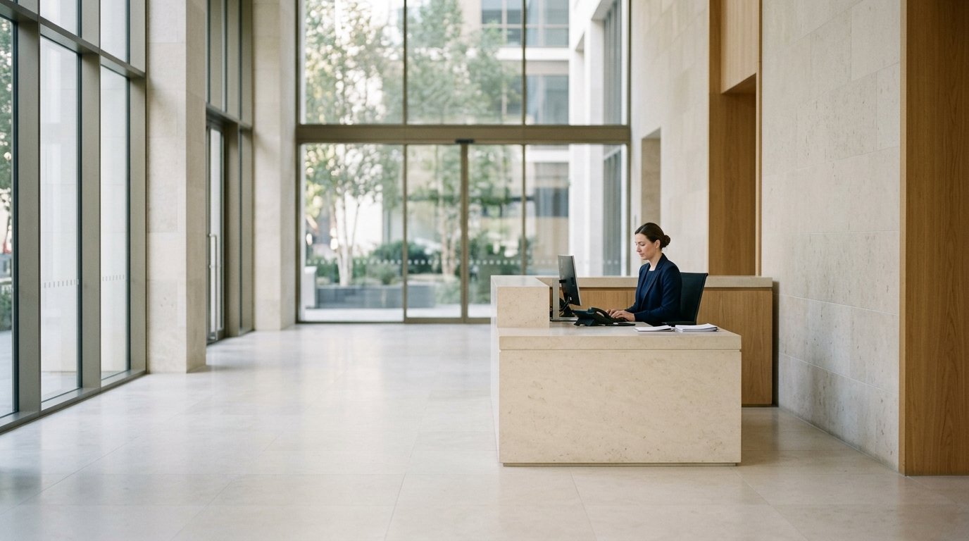 AI-generated editorial image: A quiet modern limestone lobby desk in a financial institution with natural morning daylight, representing banking and custody safety.