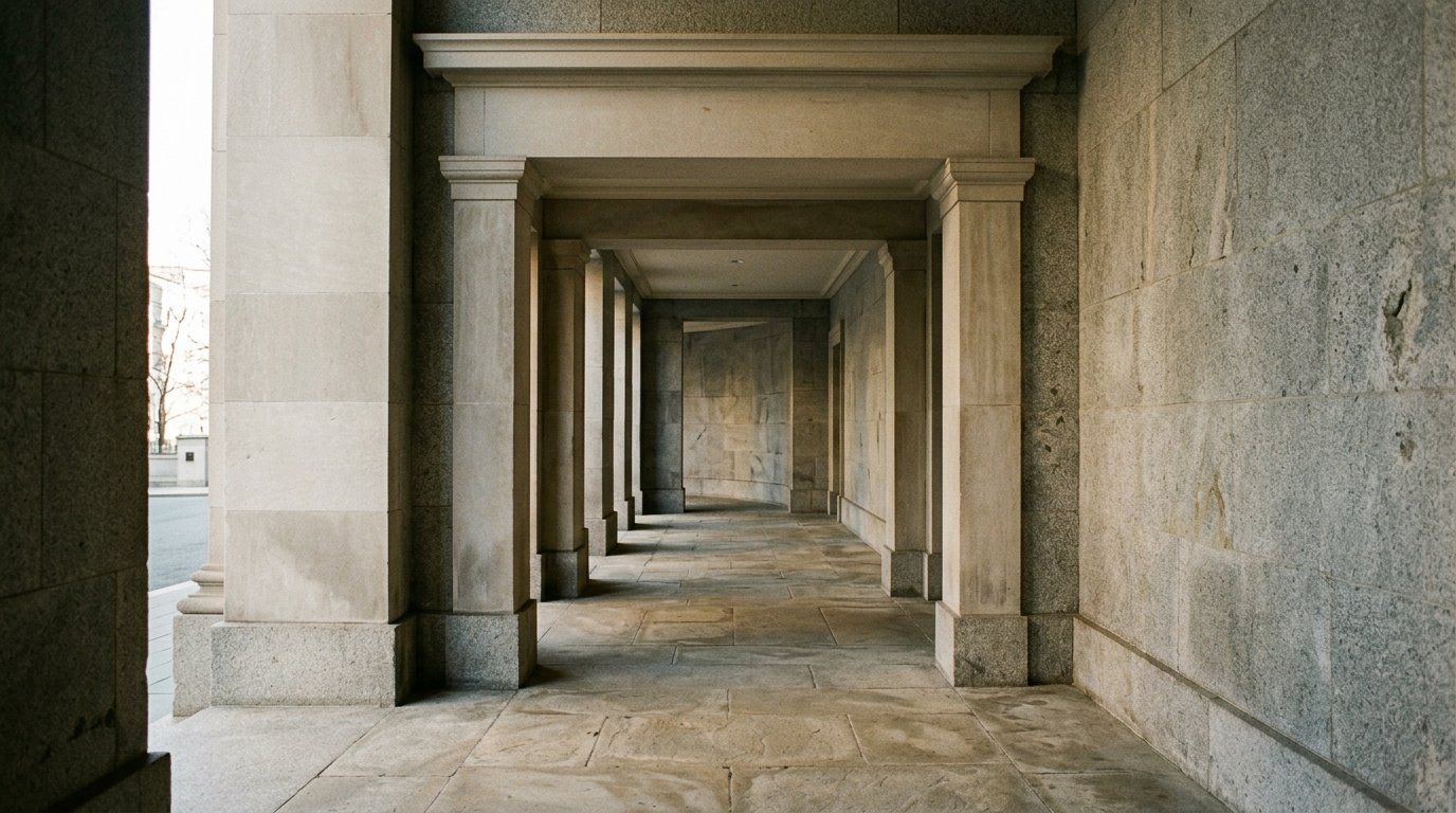 AI-generated editorial image: Carved limestone portico and quiet granite corridor of a central banking institution in natural soft daylight