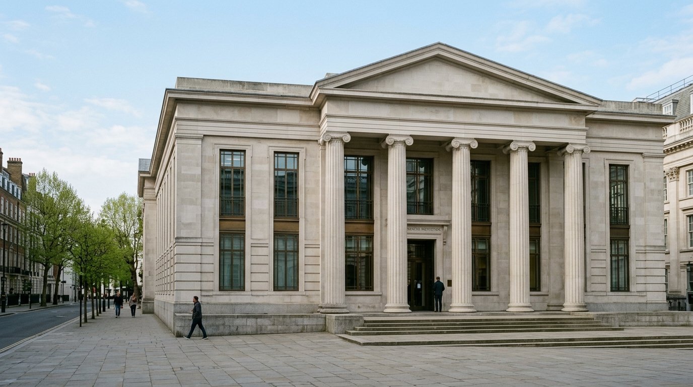 AI-generated editorial image: Classical limestone financial institution facade in soft morning daylight.