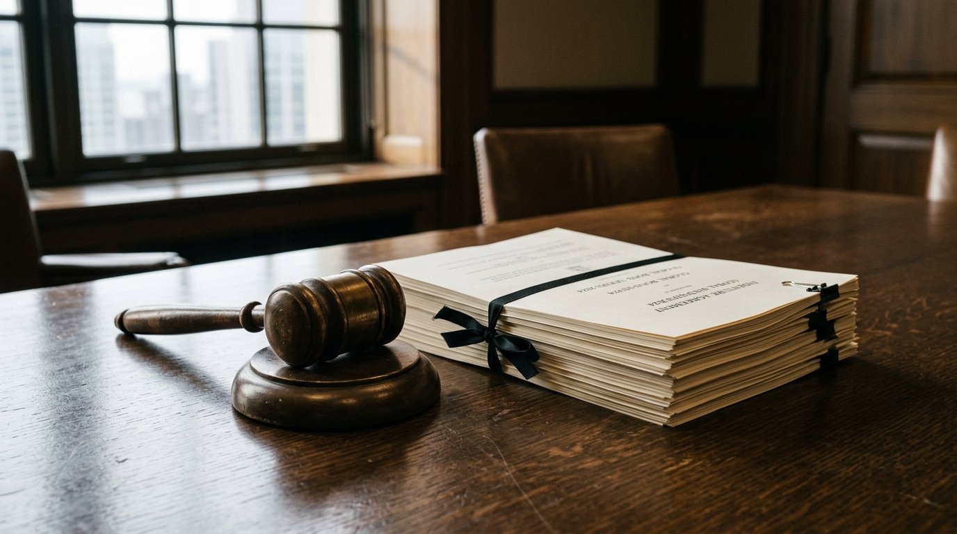 AI-generated editorial image: A bronze gavel and corporate bond indenture agreements resting on an oak boardroom table under soft morning light.