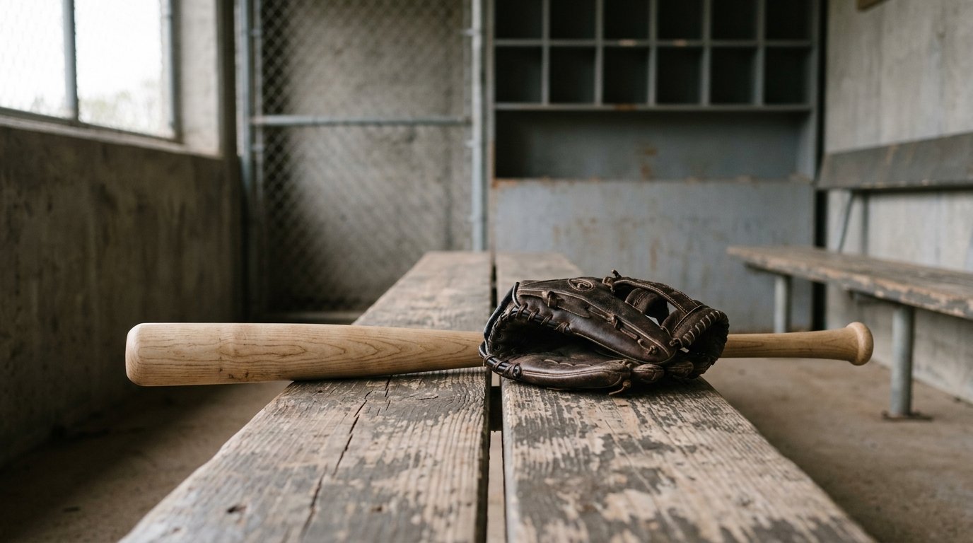 AI-generated editorial image: An unbranded wooden baseball bat and leather glove resting on a dugout bench in soft morning light, representing Fox Factory's divestiture of Marucci Sports.