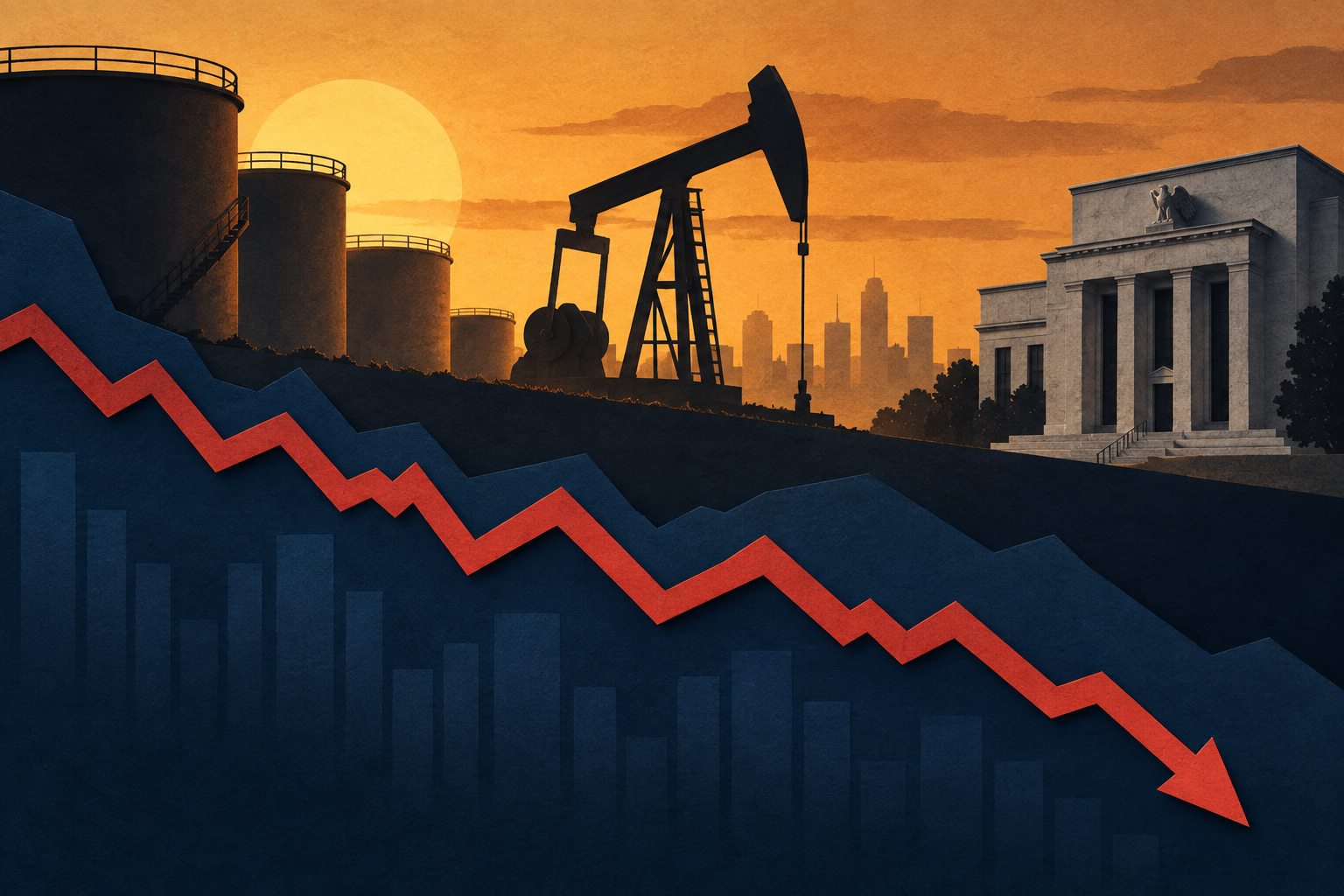 Editorial illustration: oil infrastructure, central bank architecture and a descending market motif.