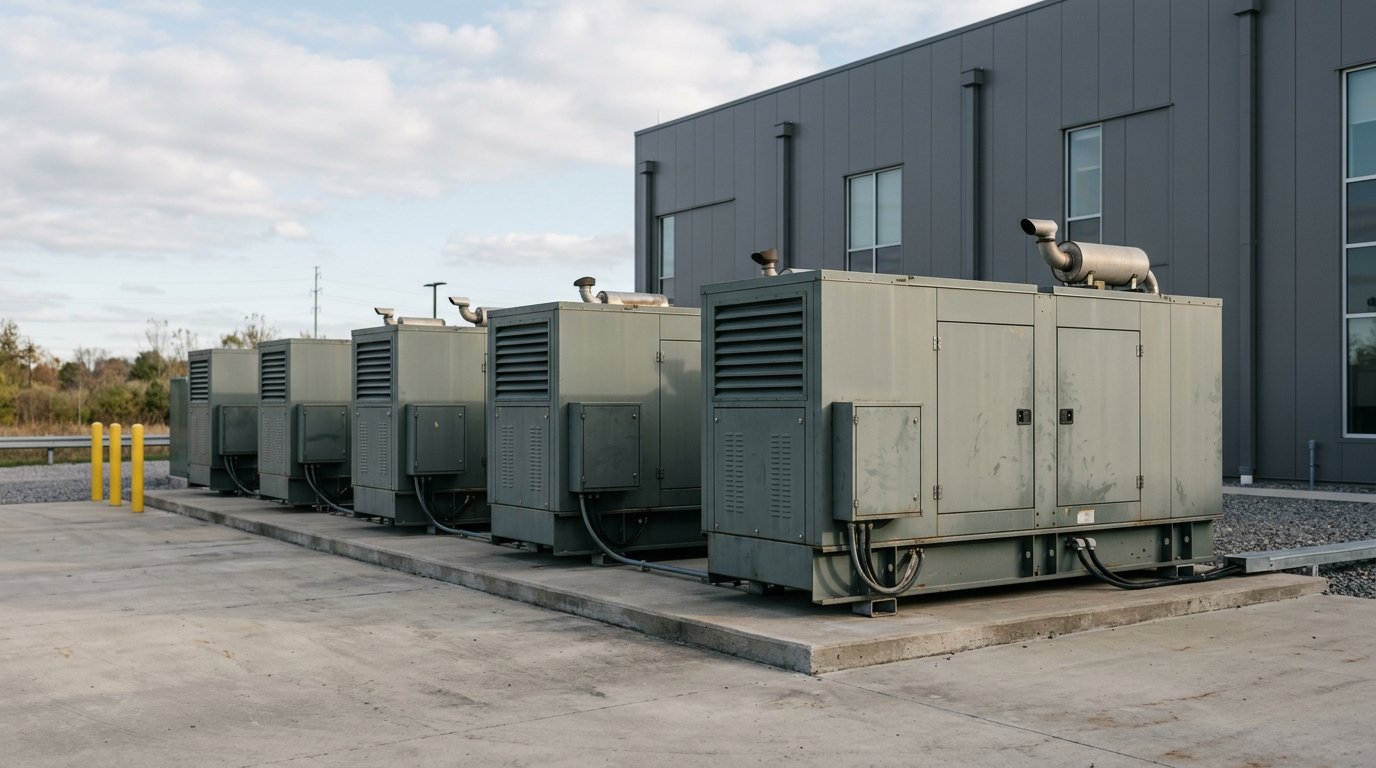 AI-generated editorial image: Row of heavy-duty industrial backup power generators on an outdoor concrete pad beside a modern data center building in natural afternoon daylight.