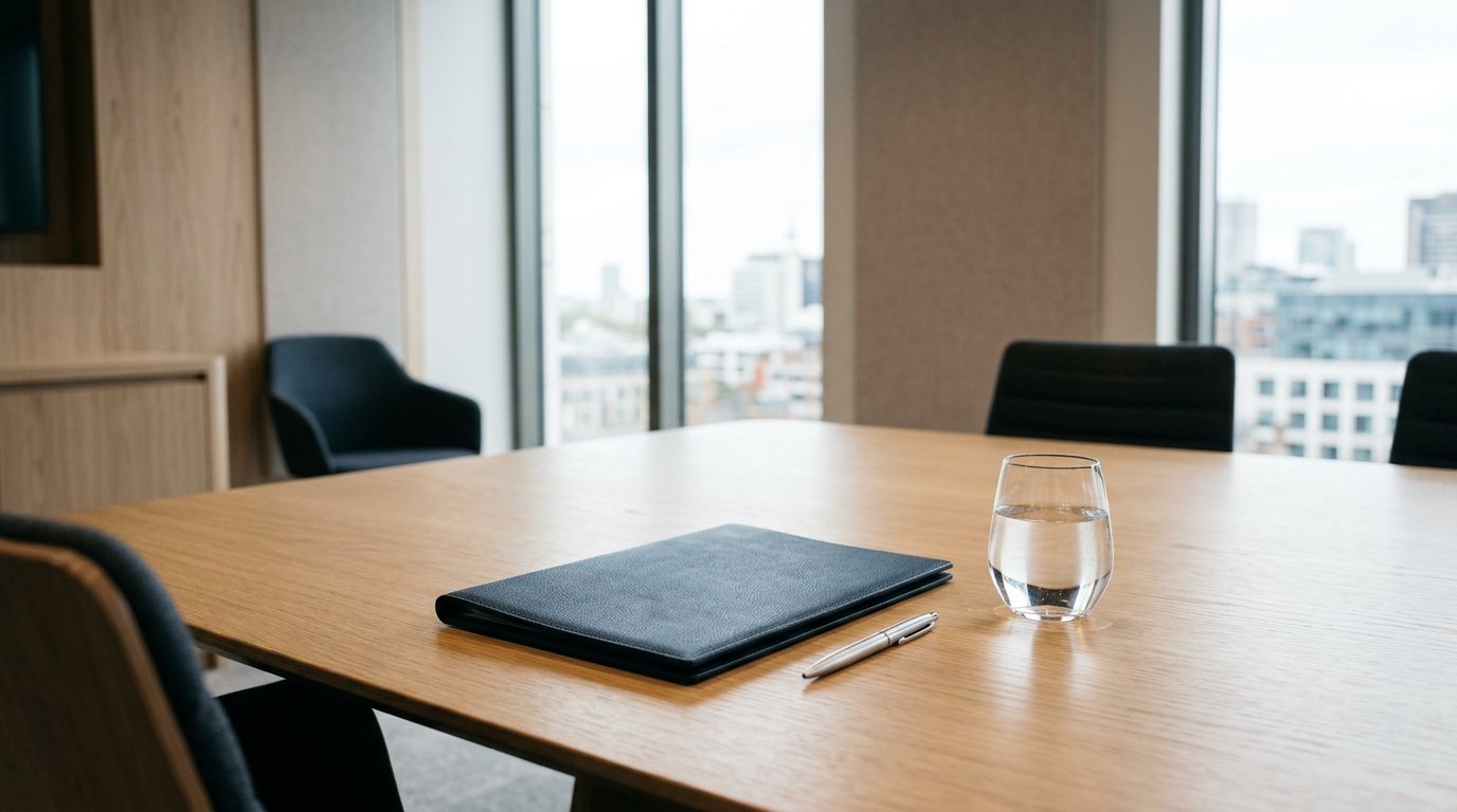 AI-generated editorial image: Modern executive boardroom conference table in soft daylight with an unbranded document folder and pen