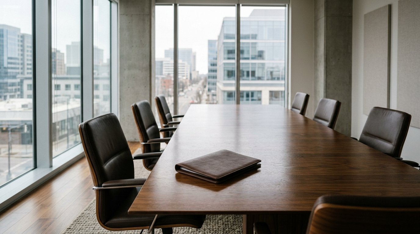 AI-generated editorial image: A corporate boardroom conference table with clean leather dossier folders in natural morning daylight