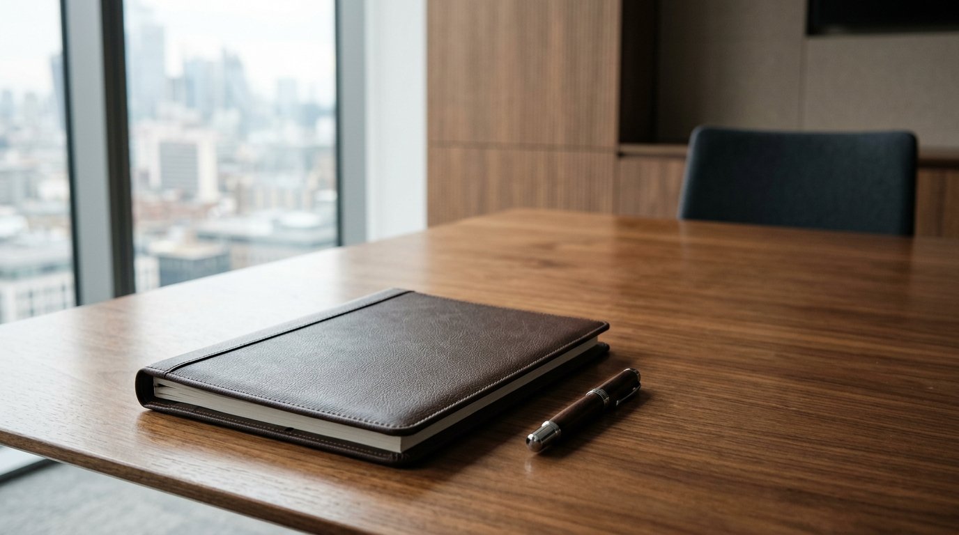 AI-generated editorial image: Minimalist executive boardroom table with corporate finance portfolio binder in morning natural light