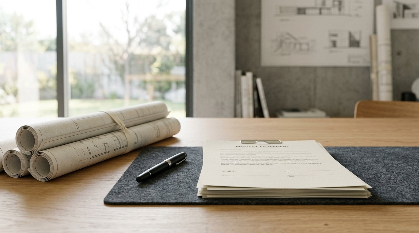 AI-generated editorial image: A neat wooden desk with architectural drawings and loan documents beside soft window light.