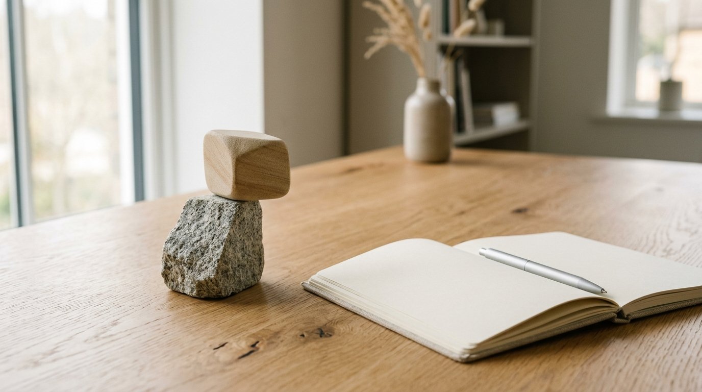 AI-generated editorial image: Geometric balancing stones beside an open notebook on a natural oak desk