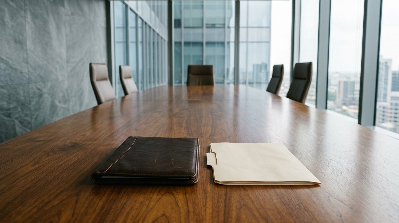 AI-generated editorial image: dark leather corporate portfolio and closed manila legal folder on mahogany boardroom table