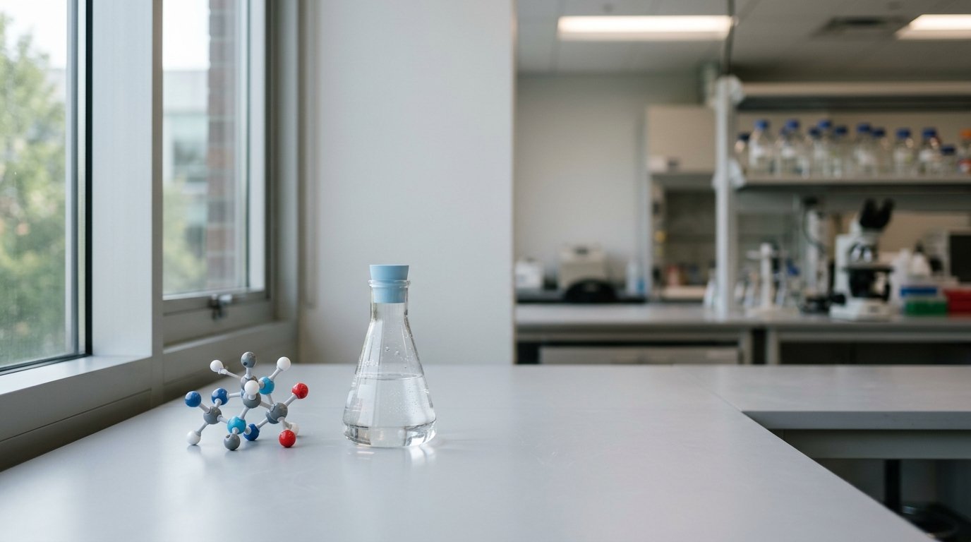 AI-generated editorial image: Minimalist scientific laboratory desk with clean molecular models and institutional workspace